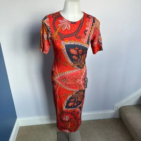 Farm Rio Red Orange Giannina Knit Paisley Midi Dress - Size XS - Picture 3 of 12